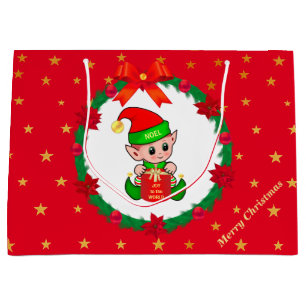 Christmas elf, pine wreath, poinsettias & stars large gift bag