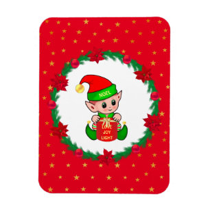 Christmas elf, pine wreath, poinsettias & stars magnet