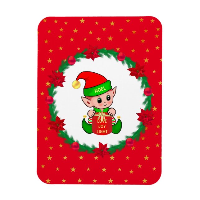 Christmas elf, pine wreath, poinsettias & stars magnet (Vertical)