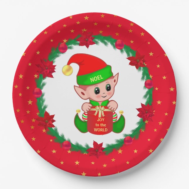 Christmas elf, pine wreath, poinsettias & stars paper plate (Front)