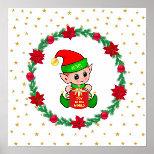 Christmas elf, pine wreath, poinsettias & stars poster