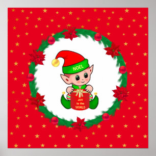 Christmas elf, pine wreath, poinsettias & stars poster