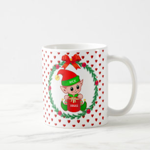Christmas elf, pine wreath, red balls & hearts coffee mug