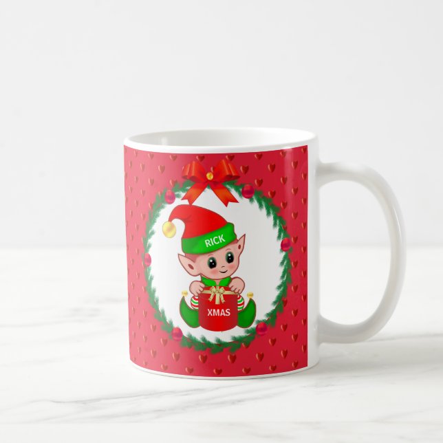 Christmas elf, pine wreath, red balls & hearts coffee mug (Right)