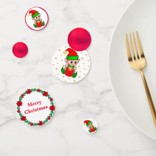 Christmas elf, pine wreath. red balls & stars confetti