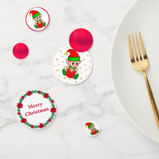 Christmas elf, pine wreath. red balls & stars confetti (Group)