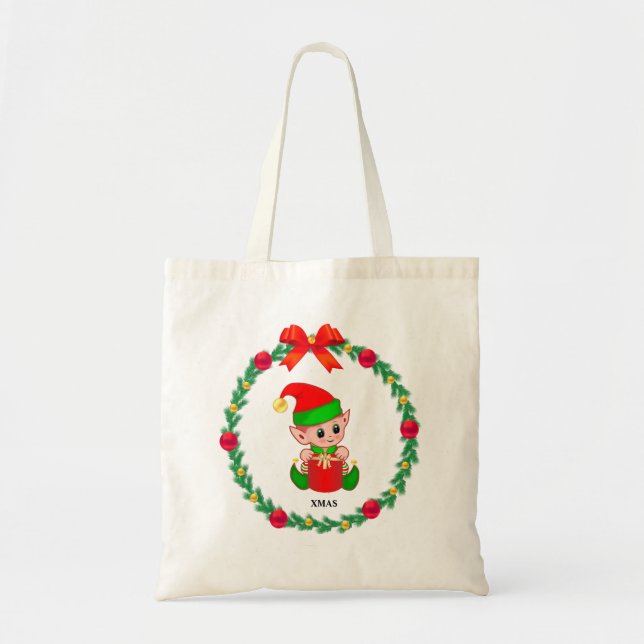 Christmas elf, pine wreath, red & golden balls tote bag (Front)