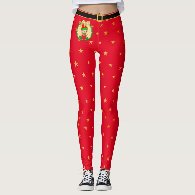 Christmas elf, pine wreath & stars on red leggings (Front)