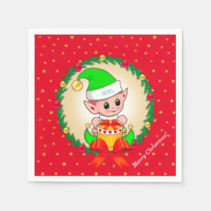 Christmas elf, pine wreath & stars on red napkin