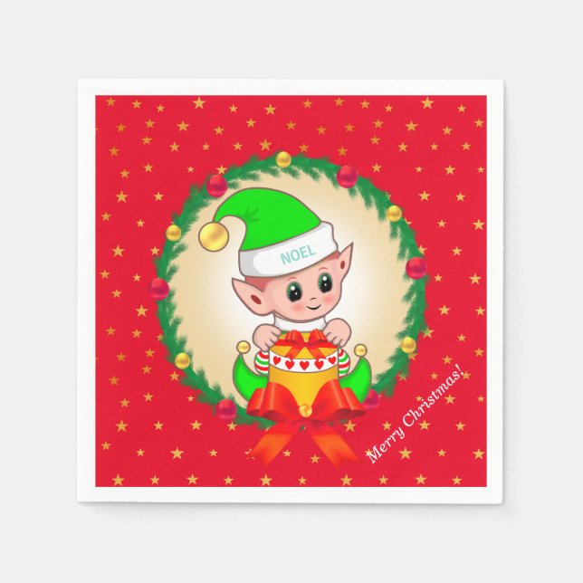Christmas elf, pine wreath & stars on red napkin (Front)