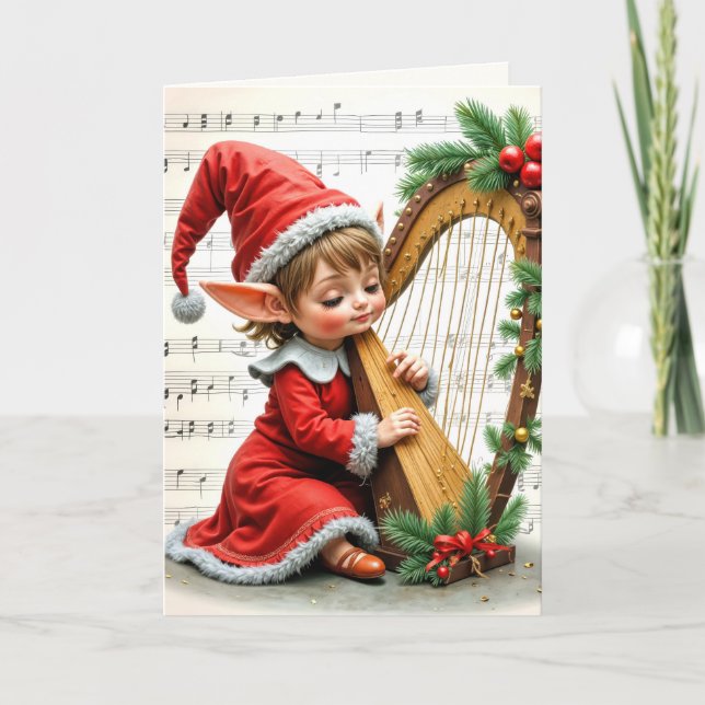 Christmas Elf Playing a Harp Card (Front)