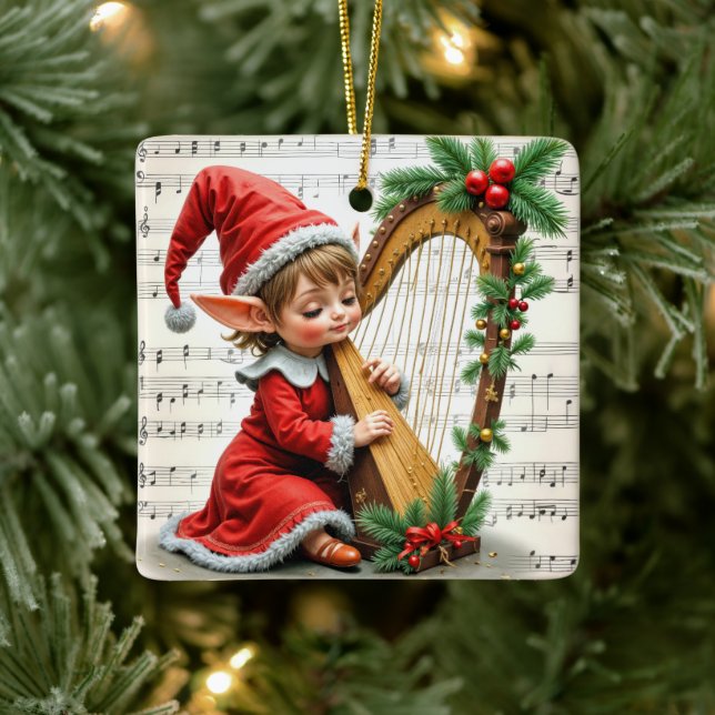 Christmas Elf Playing a Harp Ceramic Ornament (Tree)