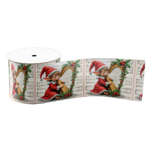 Christmas Elf Playing a Harp Grosgrain Ribbon