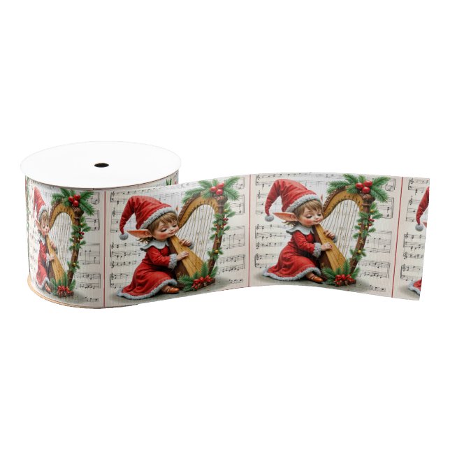 Christmas Elf Playing a Harp Grosgrain Ribbon (Spool)