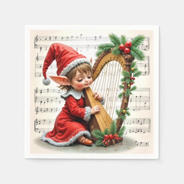 Christmas Elf Playing a Harp Napkin (Front)