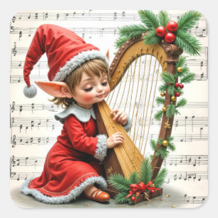 Christmas Elf Playing a Harp Square Sticker