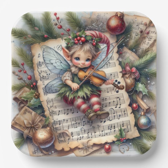 Christmas Elf Playing a Violin Paper Plate (Front)