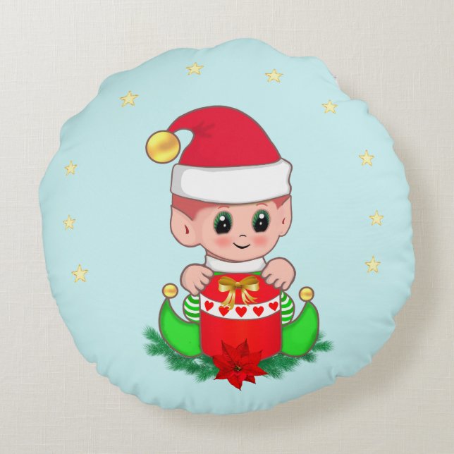 Christmas elf, poinsettia & stars on light blue round cushion (Back)