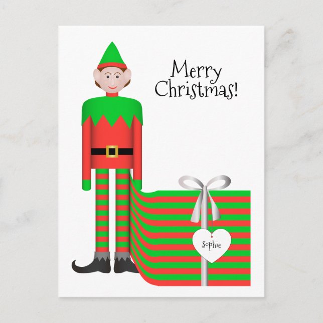 Christmas Elf Postcard - Striped Gift Package (Front)