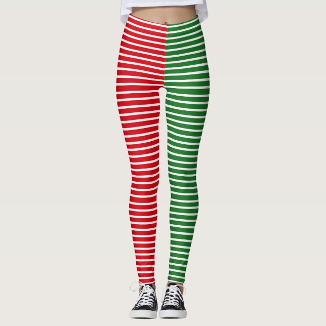 Christmas Elf Red and Green Striped Leggings (Front)