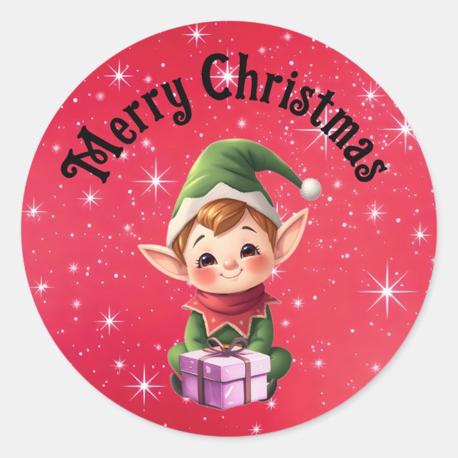Christmas Elf Red Background Round Stickers  (Front)
