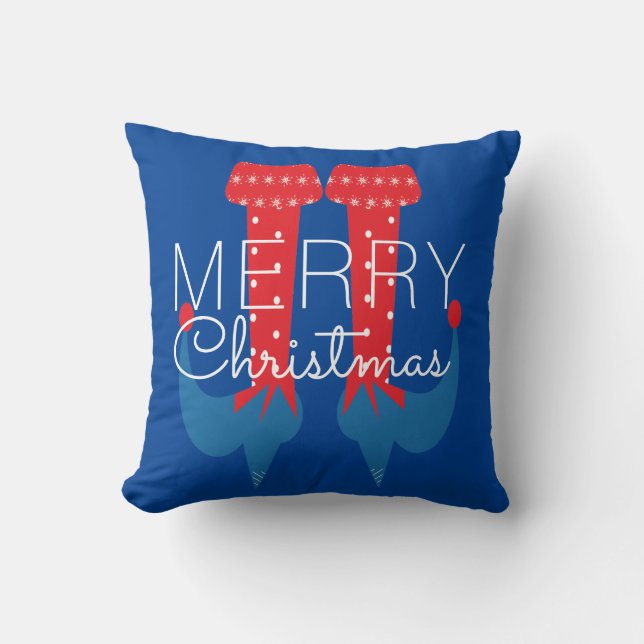 Christmas Elf Red Blue Script Snowflake  Cushion (Front)