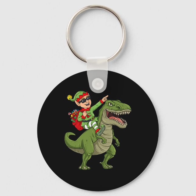 Christmas Elf Riding Dinosaur T Rex Boys Kids Fun  Key Ring (Front)
