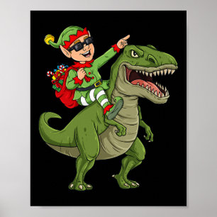 Christmas Elf Riding Dinosaur T Rex Boys Kids Fun Poster