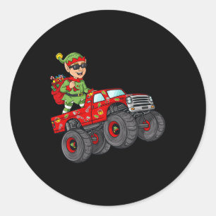 Christmas Elf Riding Monster Truck Boys Kids Famil Classic Round Sticker