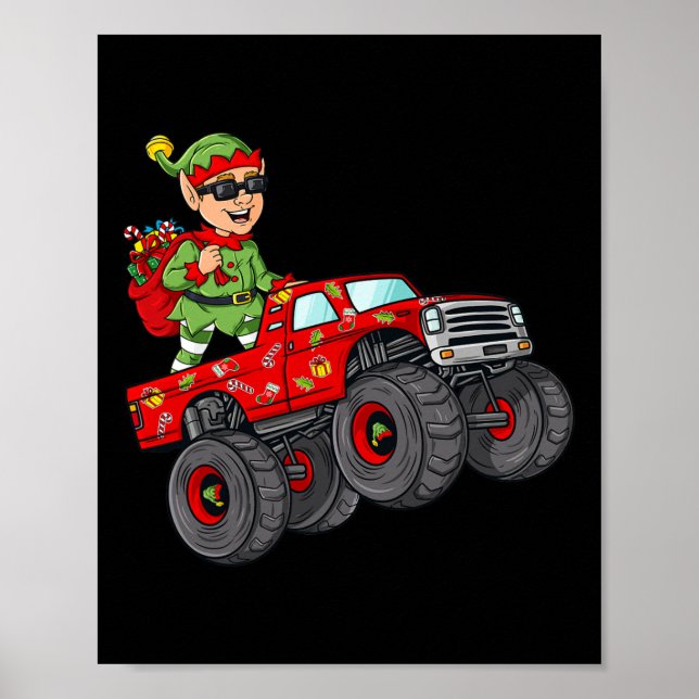 Christmas Elf Riding Monster Truck Boys Kids Famil Poster (Front)