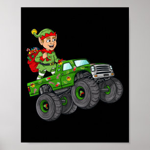 Christmas Elf Riding Monster Truck Boys Kids Famil Poster