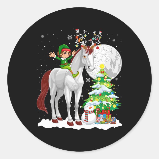 Christmas Elf Riding Reindeer Horse Snowman Xmas T Classic Round Sticker (Front)