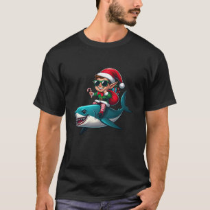 Christmas Elf Riding Shark Sunglasses Santa Hat Ca T-Shirt
