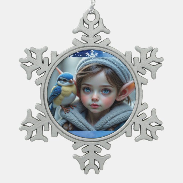 Christmas Elf Snowflake Pewter Christmas Ornament (Front)