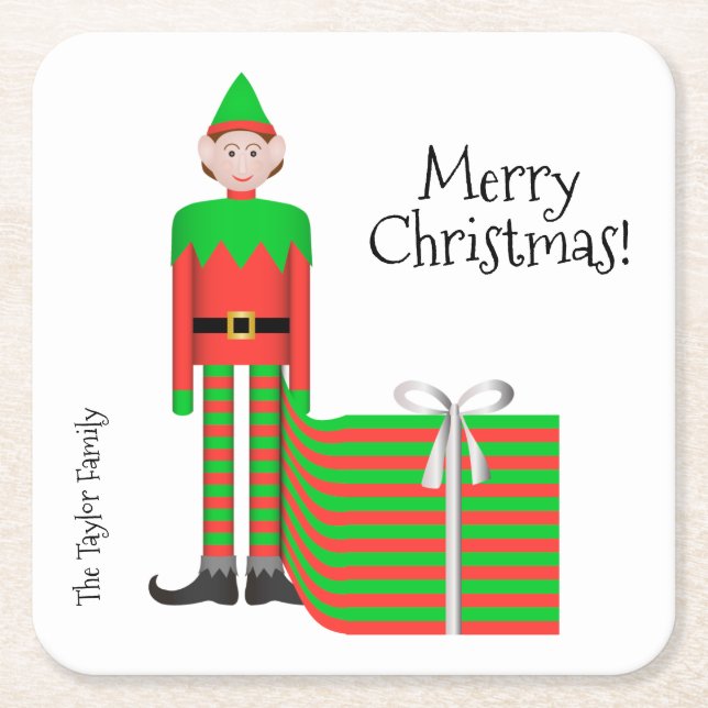 Christmas Elf Square Coaster -Striped Gift Package (Front)