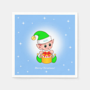 Christmas elf & stars on light blue napkin