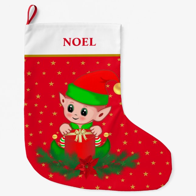 Christmas elf, stars, poinsettia and pine on red large christmas stocking (Front)