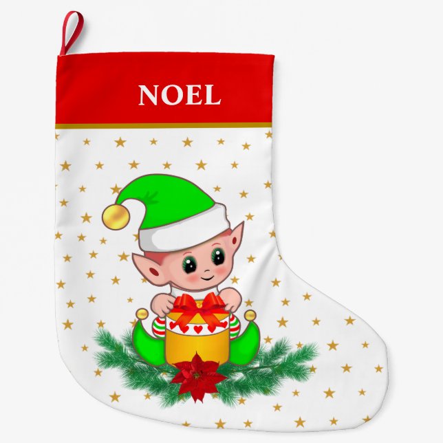 Christmas elf, stars, poinsettia & pine on white large christmas stocking (Front)