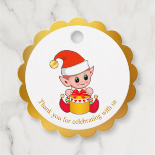 Christmas elf thank you on golden & white favour tags