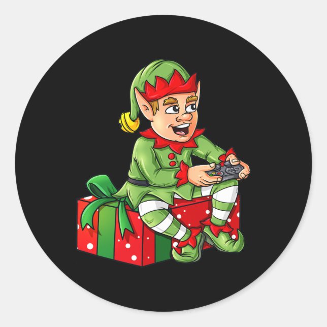 Christmas Elf Video Gamer Controller Boys Kids Xma Classic Round Sticker (Front)