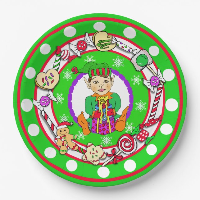 Christmas Elf Whimsical Candy Polka Dot Paper Plate (Front)