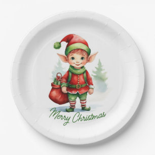 Christmas elf with a sack of gifts paper plate