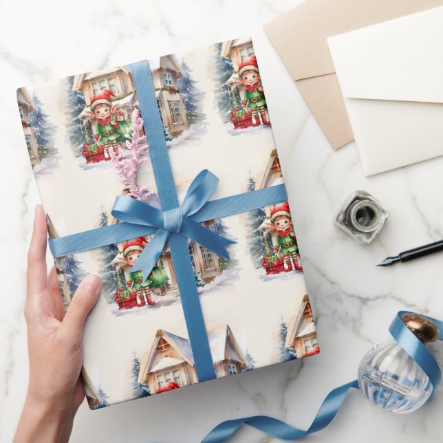 Christmas elf with a sack of gifts wrapping paper (Gifting)
