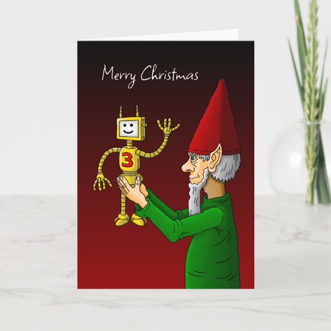 Christmas Elf with a Toy Robot Holiday Card (Front)