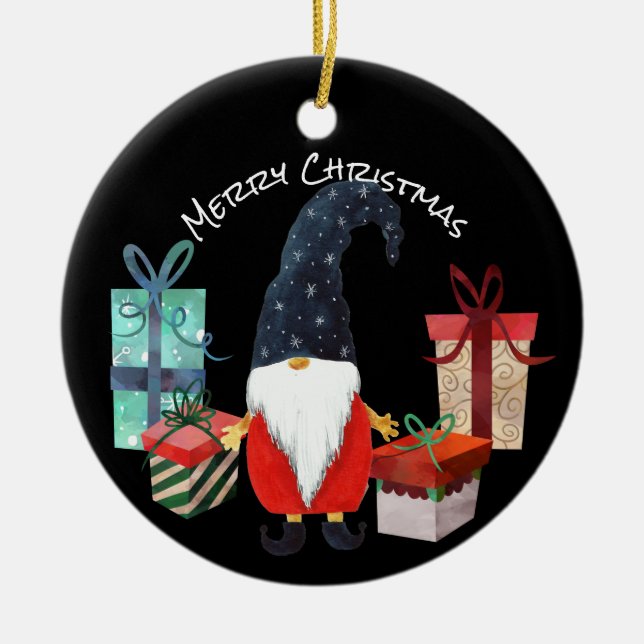 Christmas Elf with Blue Hat and Packages Ornament (Front)