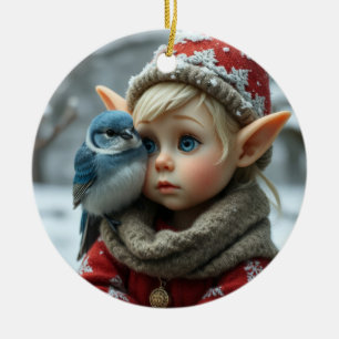 Christmas Elf with Bluebird Ceramic Tree Decoration