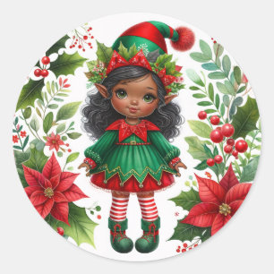 Christmas Elf With Brown Skin Holiday Classic Round Sticker