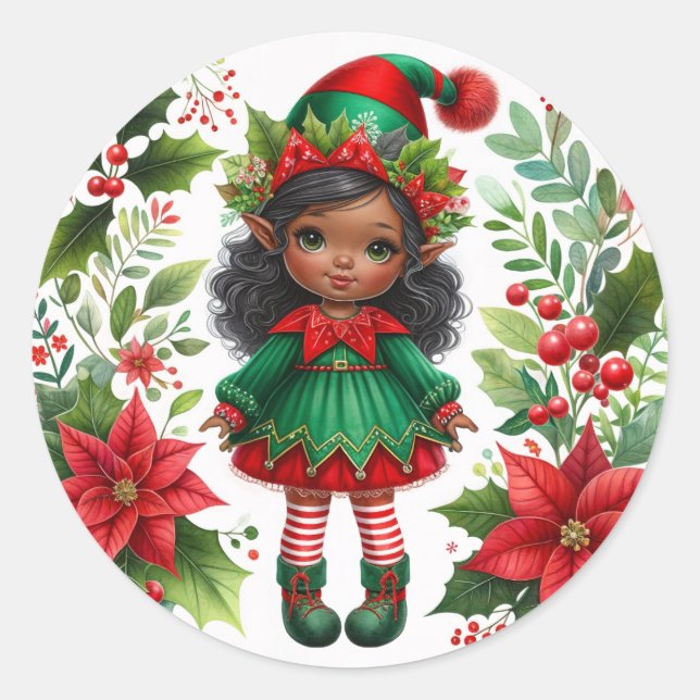 Christmas Elf With Brown Skin Holiday Classic Round Sticker (Front)