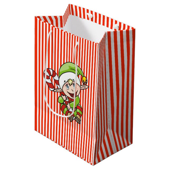 Christmas Elf with Candy Cane Children's Medium Gift Bag (Front Angled)