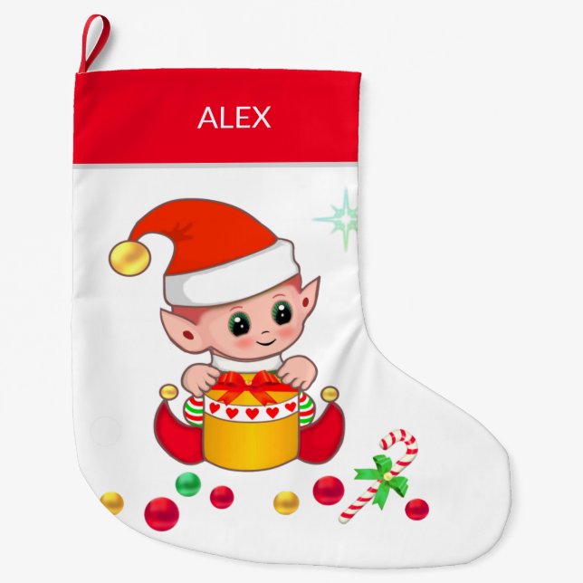 Christmas elf with Christmas balls on white Large Christmas Stocking (Front)